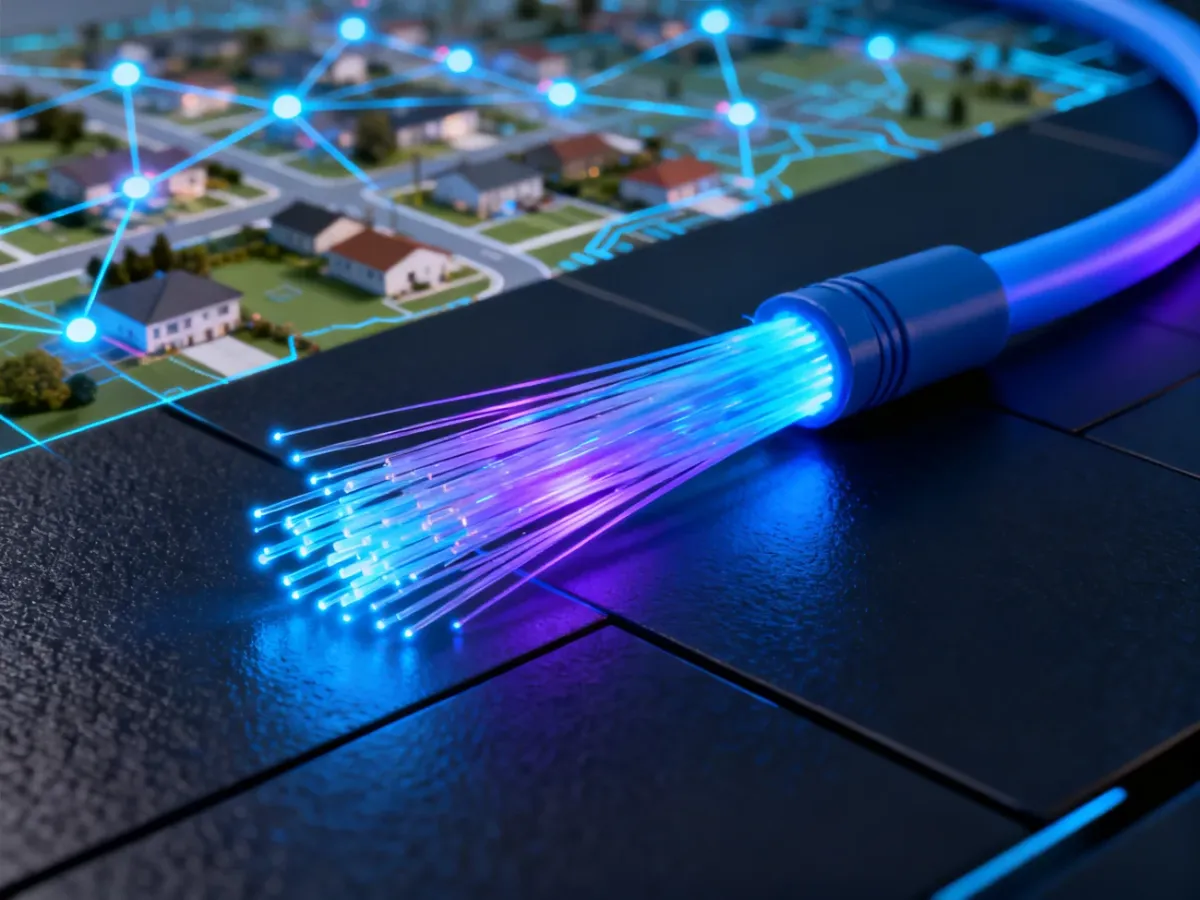 Światłowód z podświetlonymi włóknami na tle cyfrowej mapy sieci, symbolizujący nowoczesną łączność internetową.