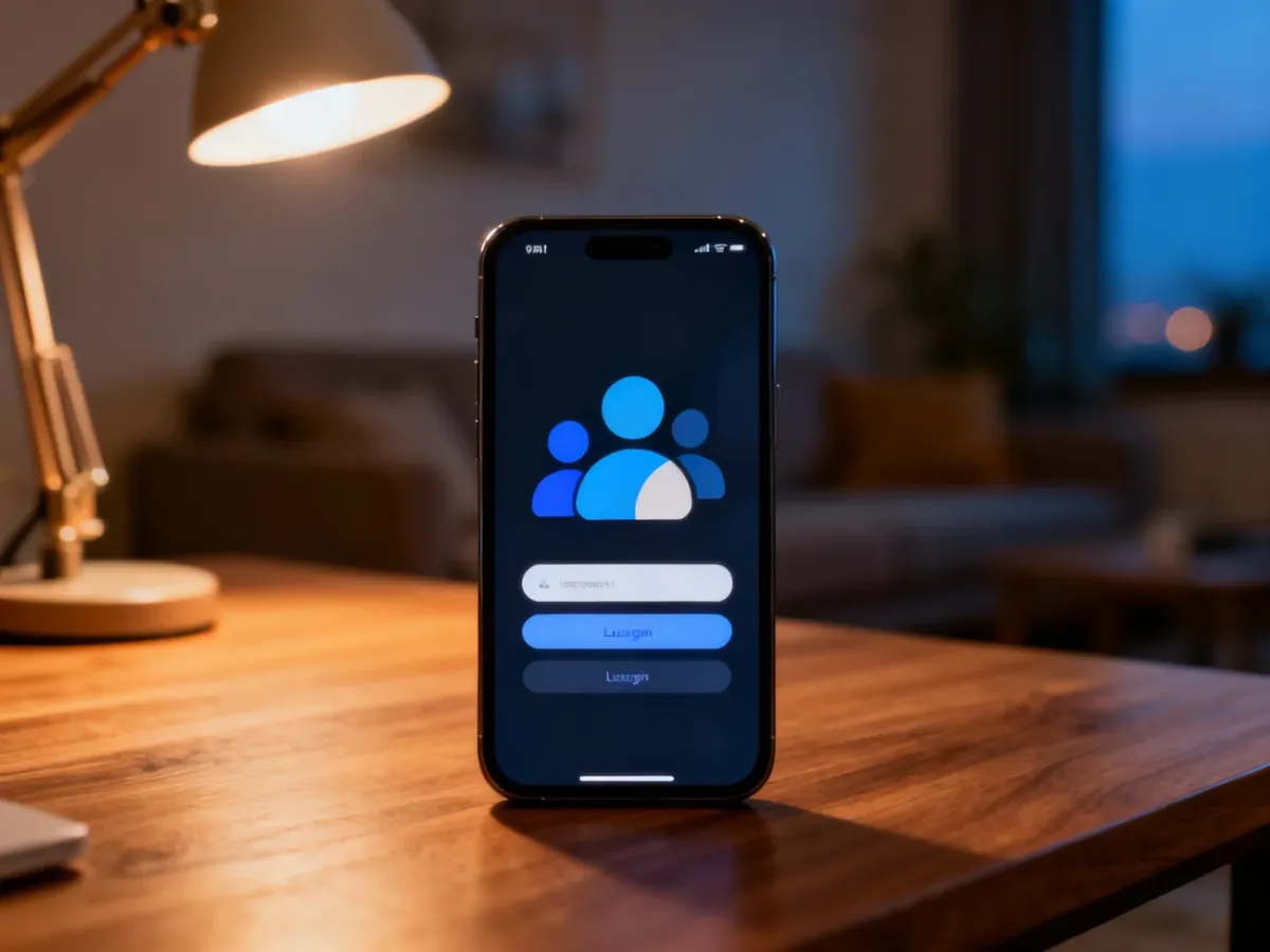 Smartfon z wyświetlonym ekranem logowania leżący na drewnianym biurku w przytulnym salonie.