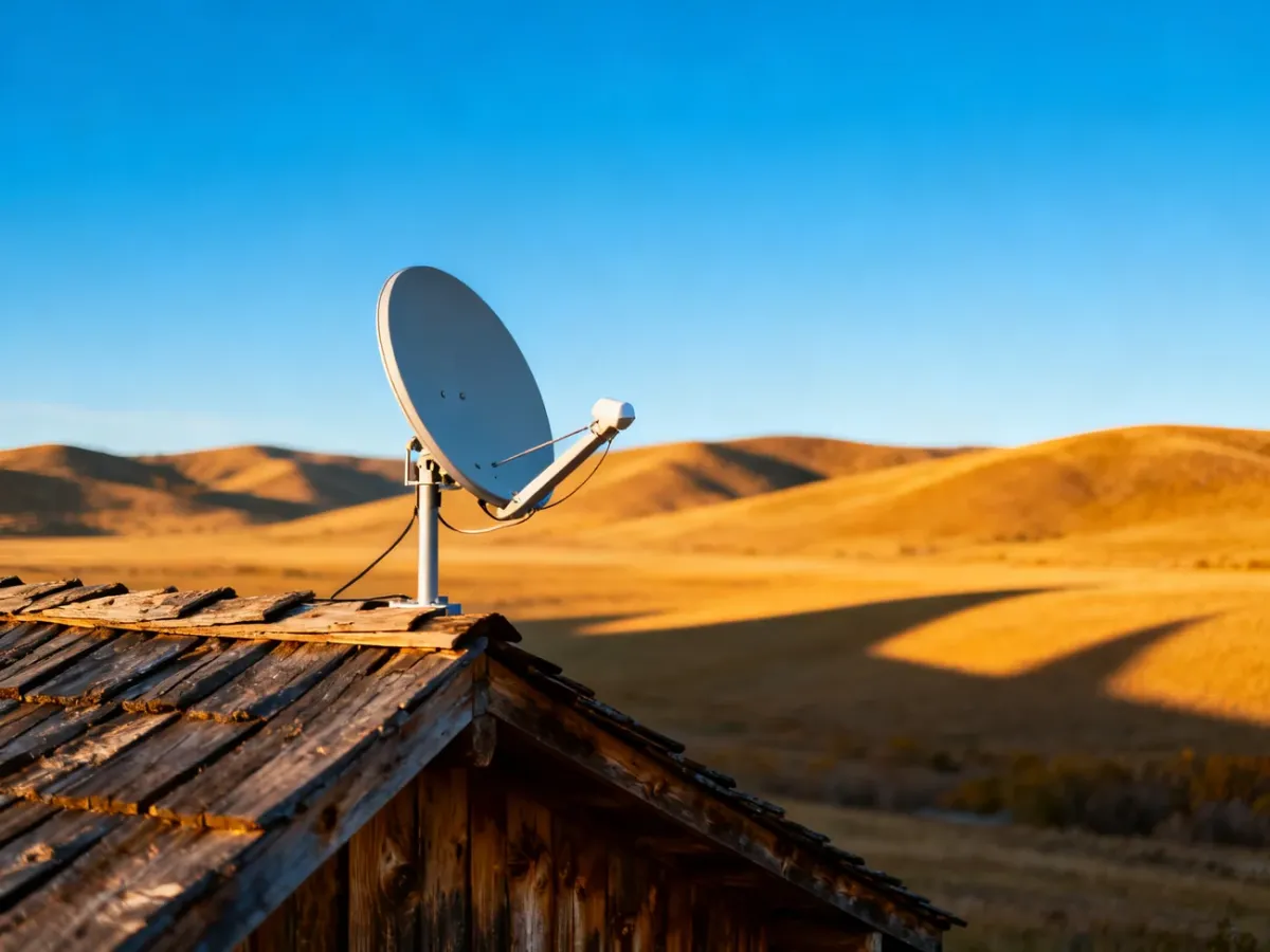 Nowoczesna antena satelitarna zamontowana na dachu wiejskiego domu, skierowana w stronę bezchmurnego nieba.