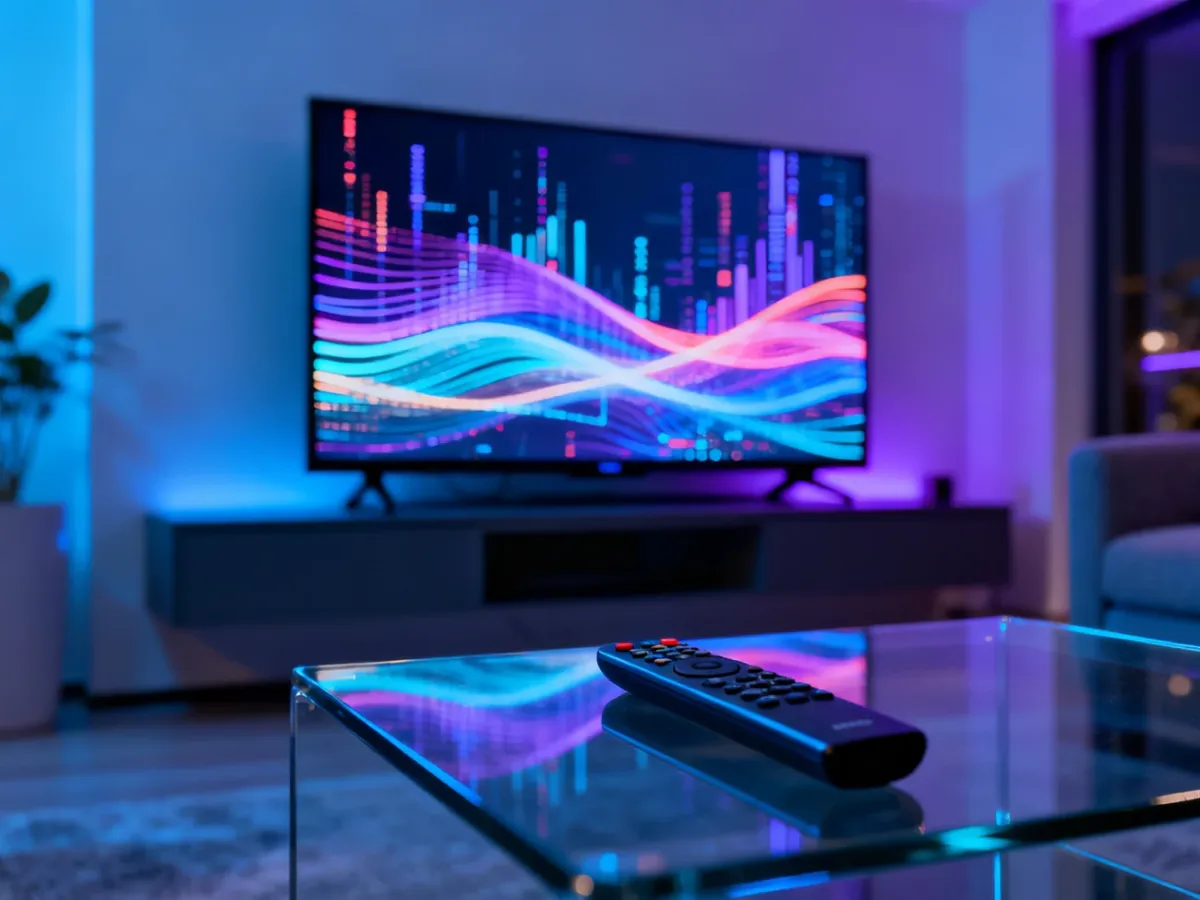 Nowoczesny telewizor w minimalistycznym salonie wyświetlający strumieniowe dane, symbolizujący działanie technologii IPTV.