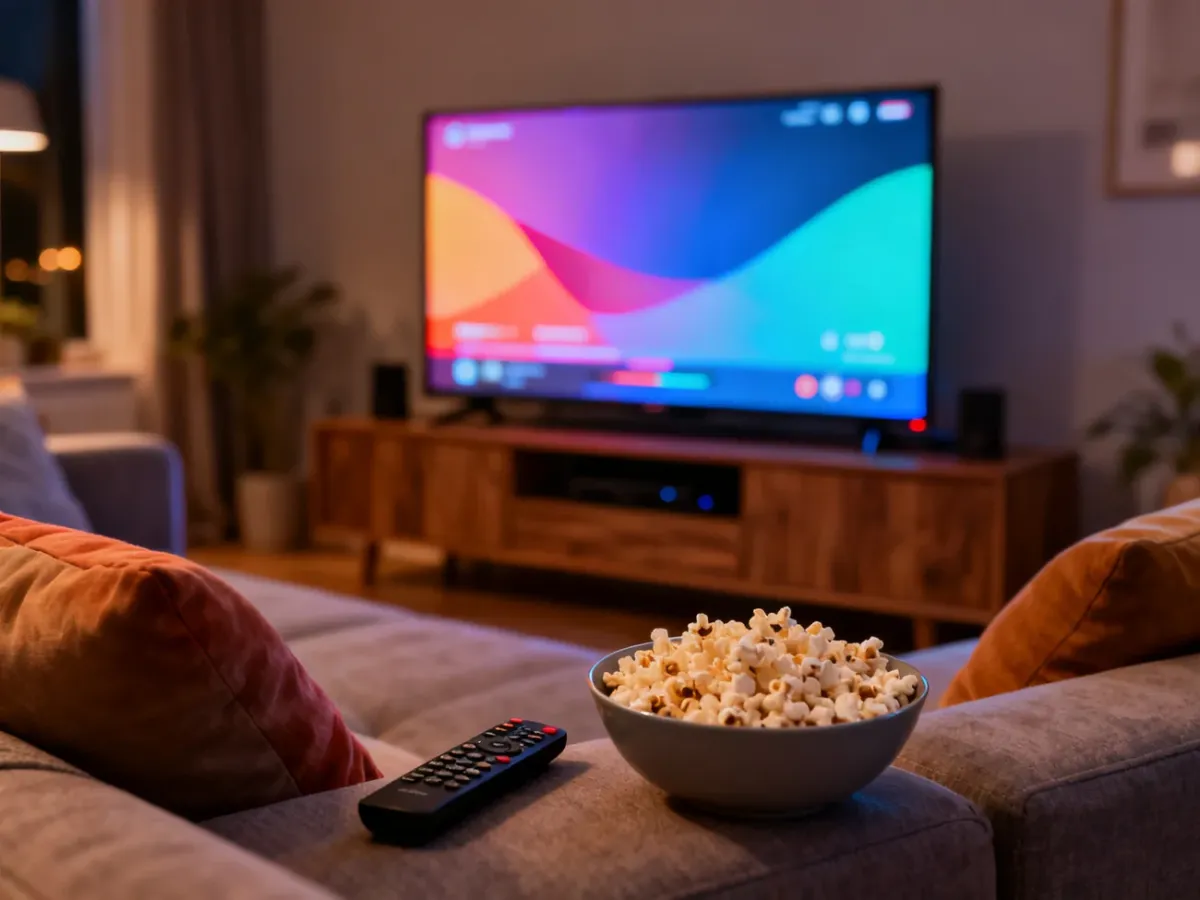 Przytulny salon z włączonym telewizorem, pilotem i miską popcornu, sugerujący relaks podczas oglądania filmów.
