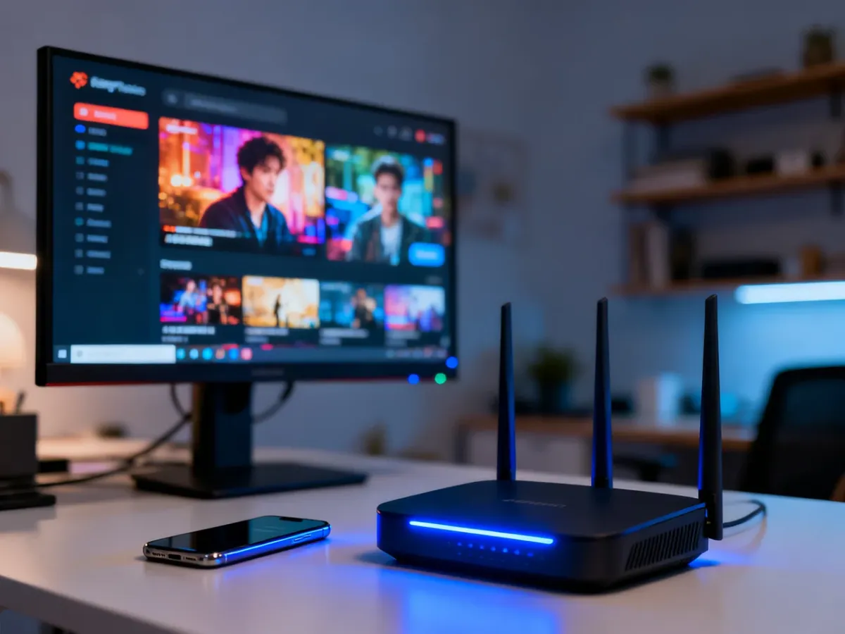 Nowoczesne stanowisko pracy z monitorem, smartfonem i routerem Wi-Fi, symbolizujące stabilne połączenie do streamingu wideo.