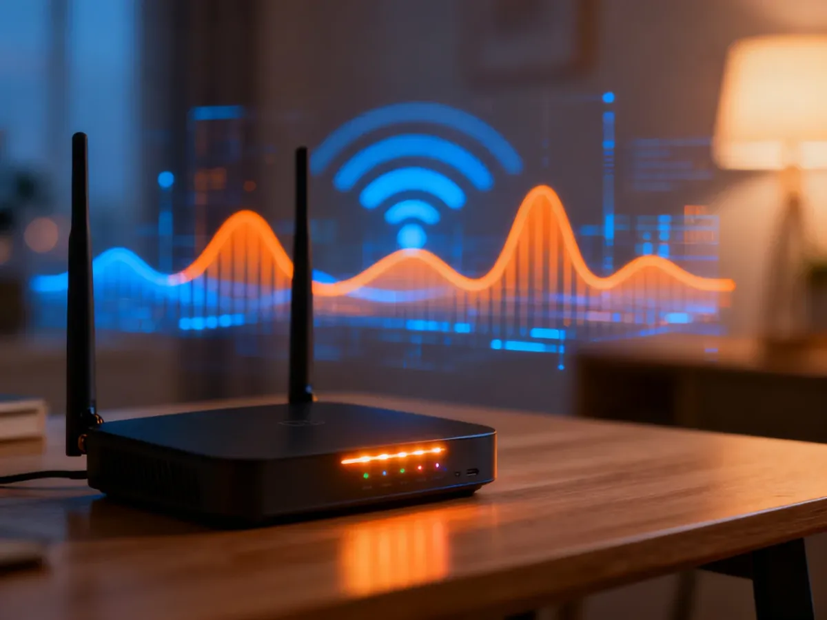 Nowoczesny router Wi-Fi na drewnianym biurku z wizualizacją fal sieciowych w tle, symbolizującą pasma 2,4 GHz i 5 GHz.