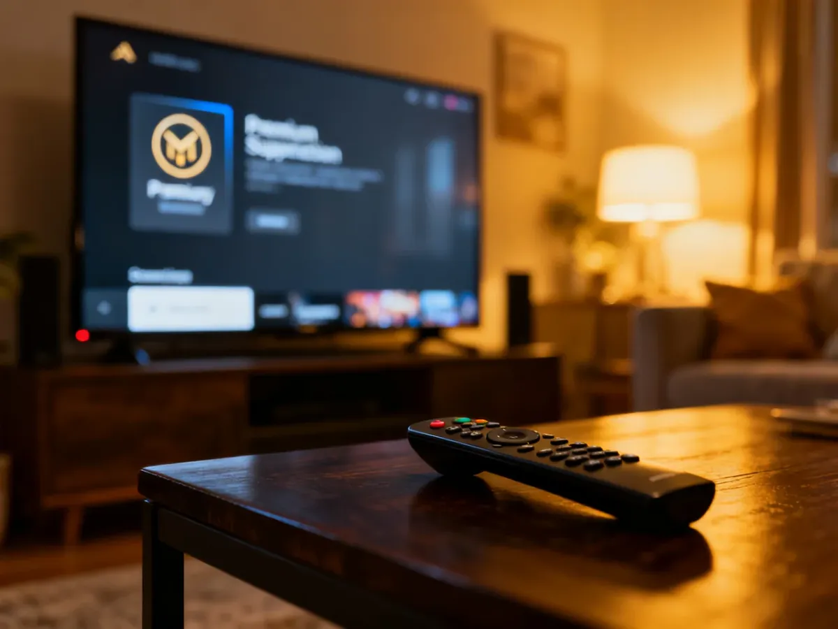 Nowoczesny telewizor z interfejsem subskrypcji premium w przytulnym salonie, sugerujący dostęp do treści bez reklam.