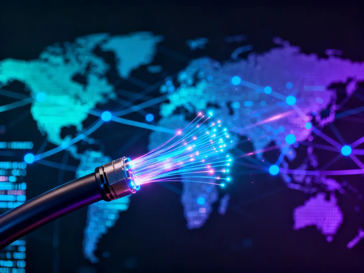 Światłowód z pulsującym światłem na tle globalnej sieci, symbolizujący szybkie przesyłanie danych w internecie.