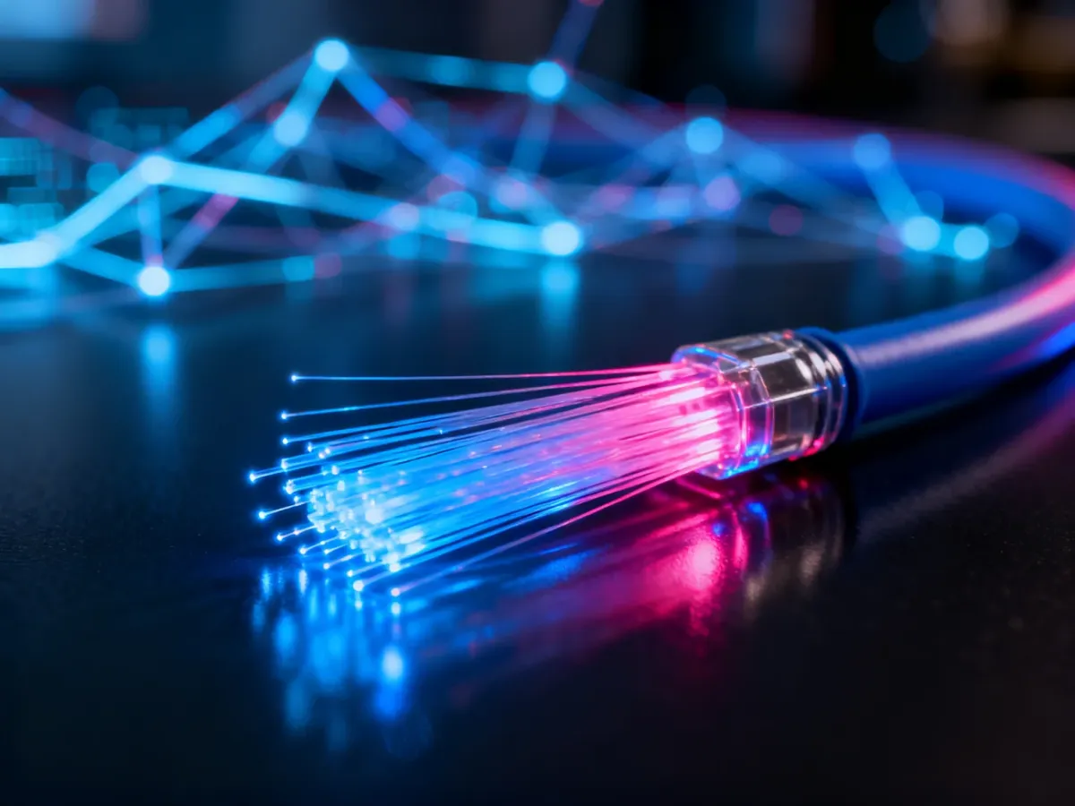 Światłowód z jarzącymi się włóknami na ciemnym tle, symbolizujący nowoczesną technologię szybkiego przesyłu danych.