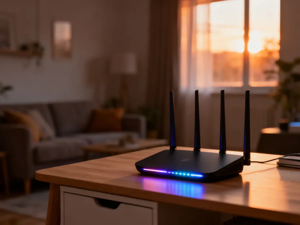 Nowoczesny router bezprzewodowy na drewnianym biurku w przytulnym salonie, zapewniający szybkie łącze internetowe w domu.