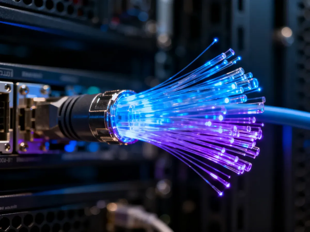 Świecące włókna światłowodowe na tle serwerów, symbolizujące nowoczesną i szybką technologię przesyłu danych.