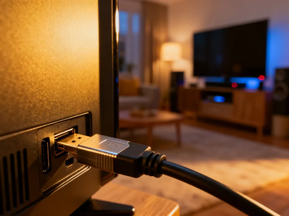 Kabel HDMI wkładany do portu w telewizorze, ilustrujący proces podłączania dekodera.
