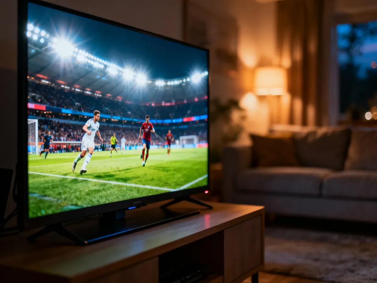 Nowoczesny telewizor w przytulnym salonie wyświetlający dynamiczną transmisję sportową.