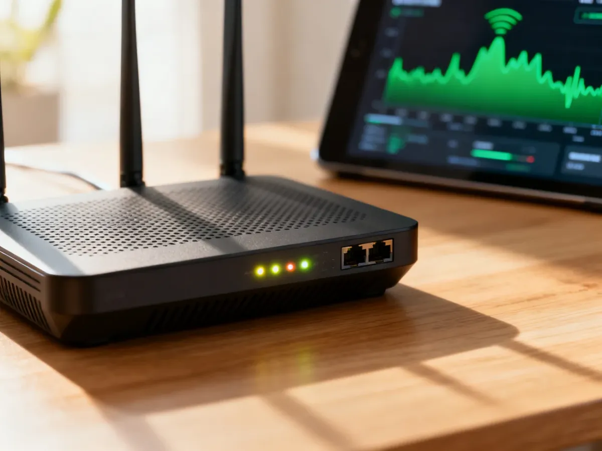 Nowoczesny router z diodami LED na drewnianym biurku oraz wykres stabilności sygnału na ekranie tabletu w tle.