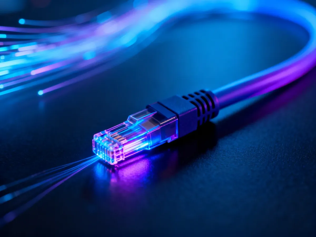 Świecący przewód światłowodowy na ciemnym tle, symbolizujący szybki i stabilny przesył danych w technologii światłowodowej.