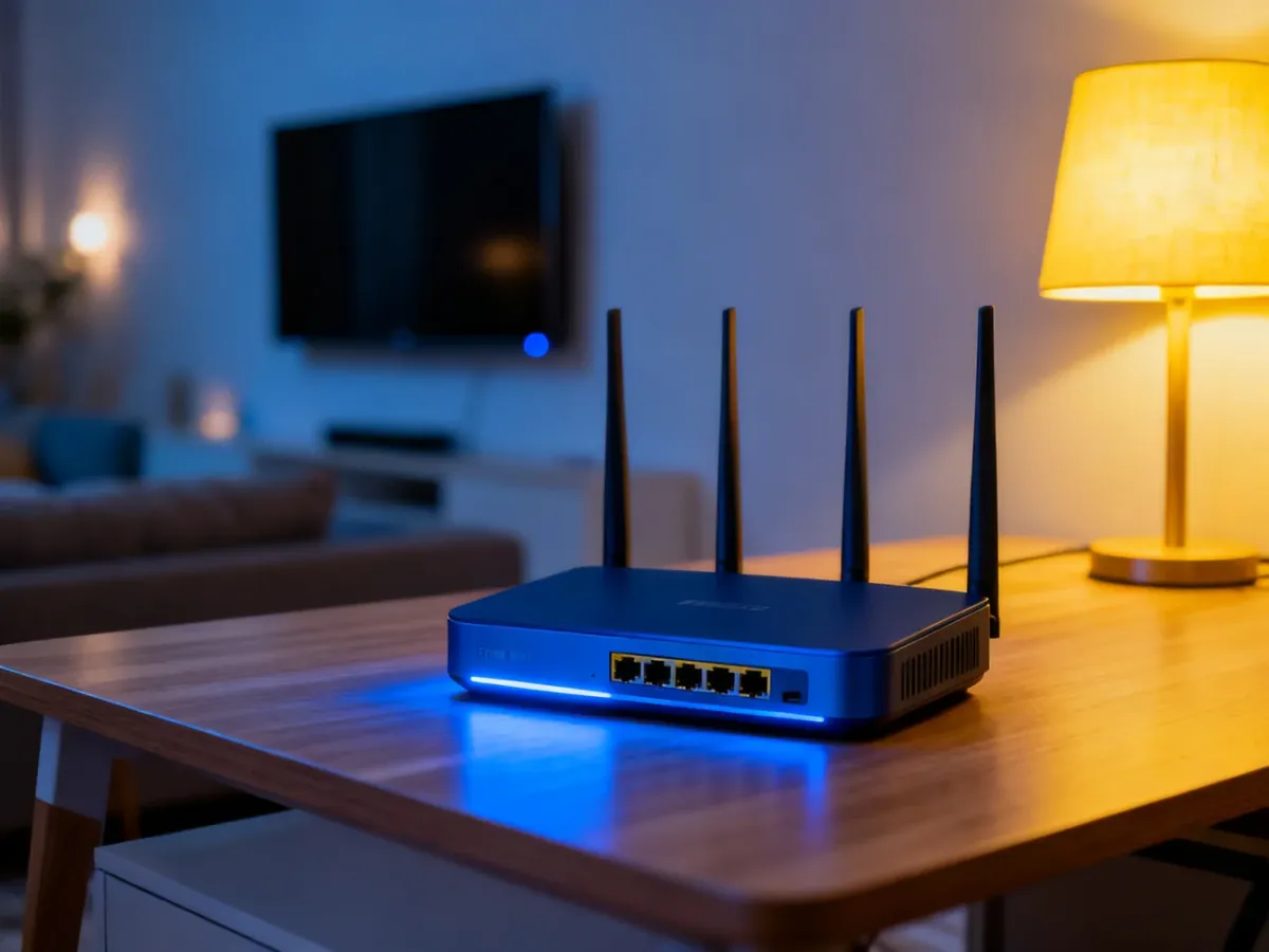 Nowoczesny router światłowodowy na biurku w przytulnym salonie, symbolizujący szybki internet w domu.
