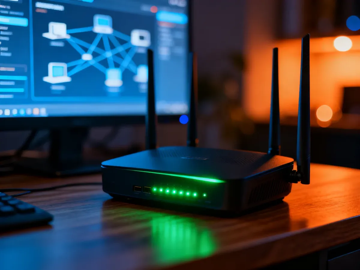 Nowoczesny router z aktywnymi diodami na tle ekranu komputera z interfejsem monitorowania sieci Wi-Fi.
