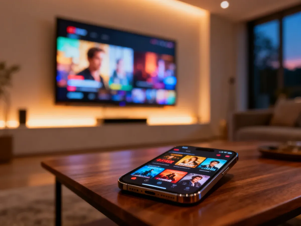 Smartfon z interfejsem aplikacji streamingowej na stoliku kawowym w nowoczesnym salonie z włączonym telewizorem w tle.