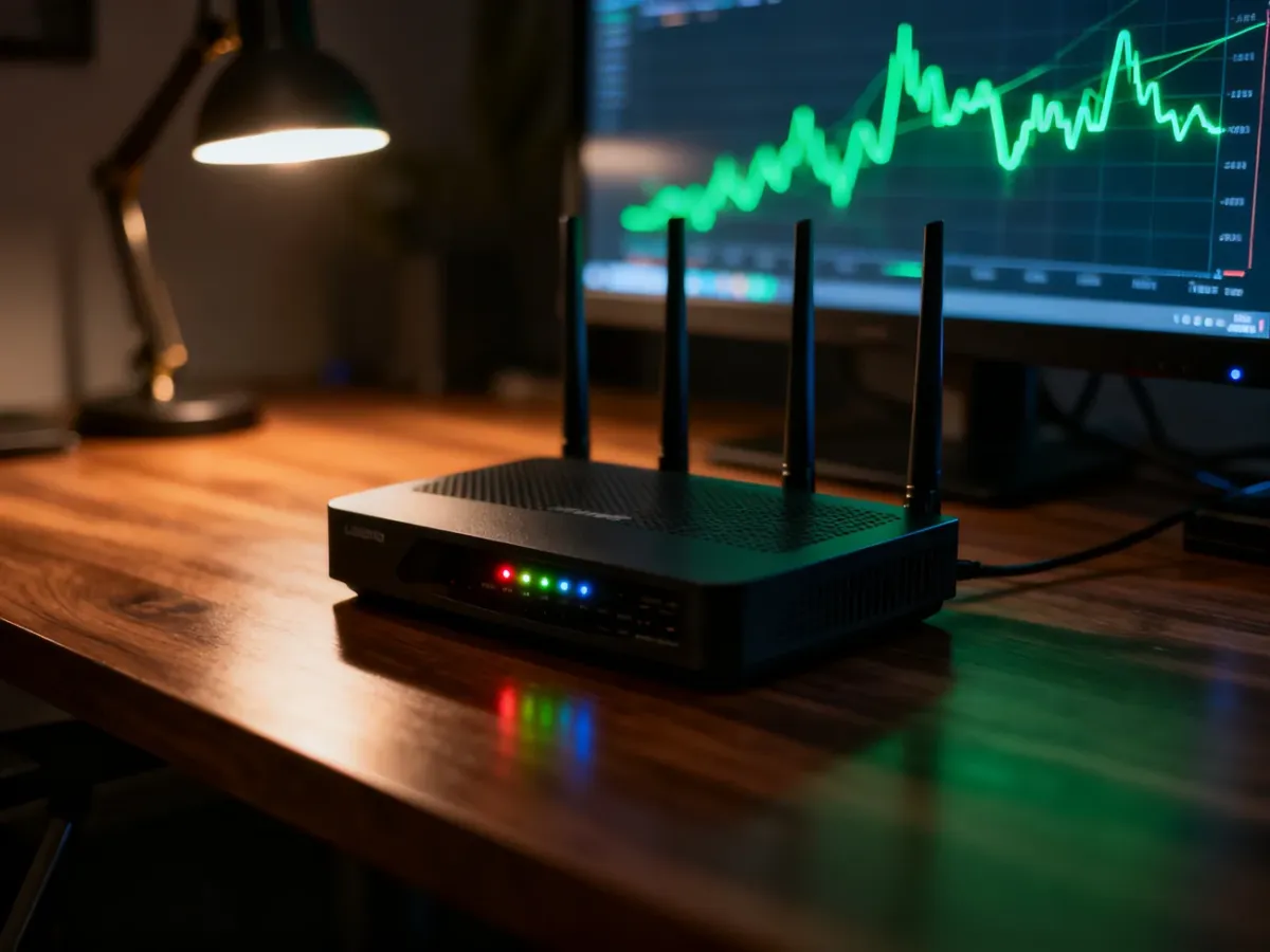 Nowoczesny router na biurku z widocznym w tle wykresem opóźnień sieciowych na monitorze.
