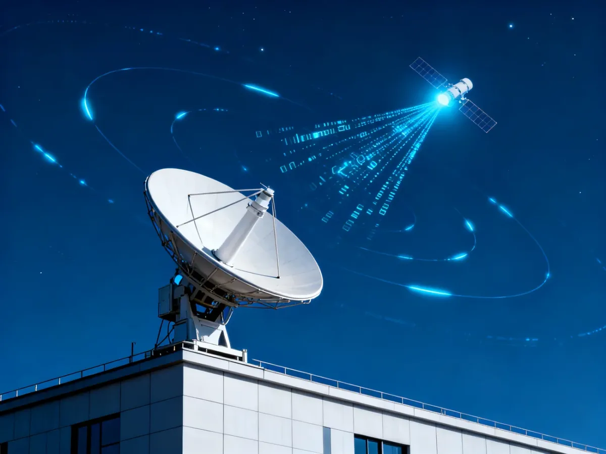 Nowoczesna antena satelitarna na dachu budynku, połączona z cyfrowym sygnałem przesyłanym z orbity na tle nocnego nieba.