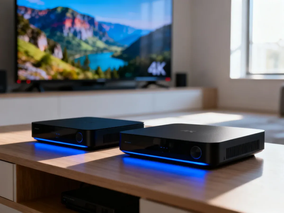 Dwa dekodery Polsat Box 4K i 4K Lite ustawione obok siebie na szafce RTV, prezentujące nowoczesny design urządzeń.