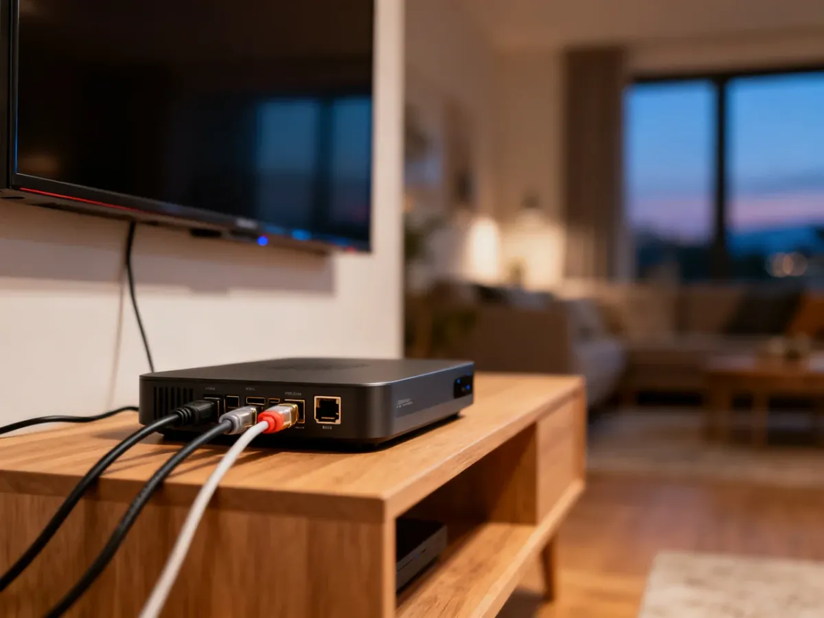 Nowoczesny dekoder Polsat Box na drewnianej szafce RTV z widocznymi portami i przewodami gotowymi do podłączenia.