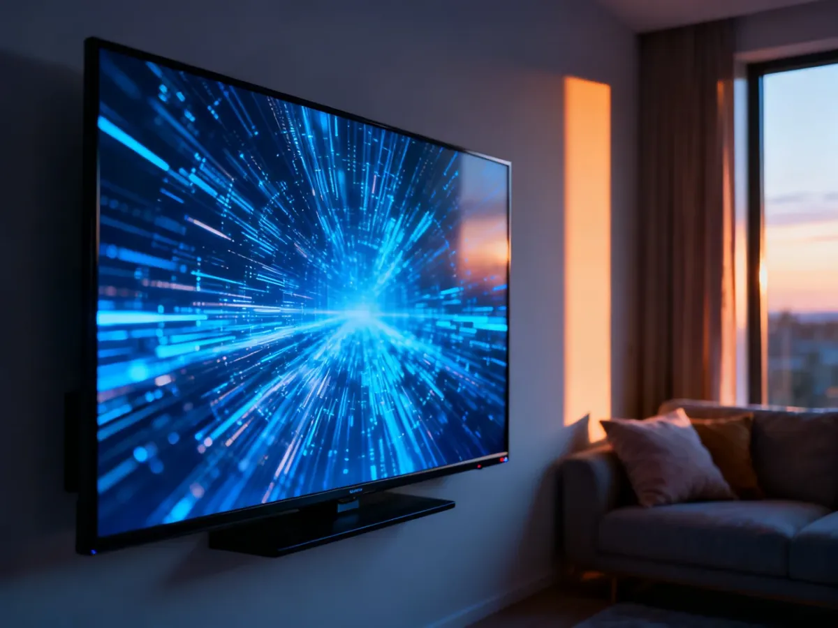 Nowoczesny telewizor typu smart w przytulnym salonie, wyświetlający cyfrowe treści w wysokiej jakości.