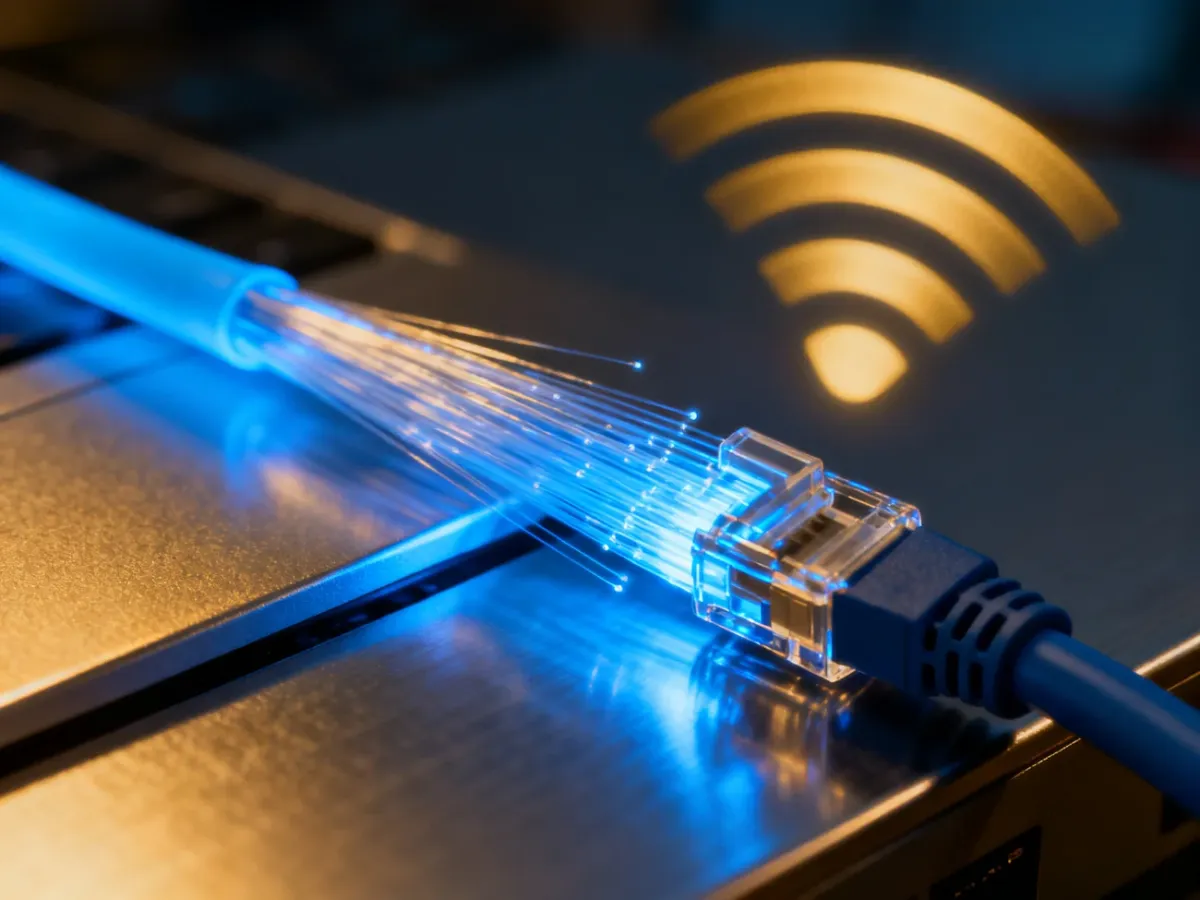 Światłowód z niebieskim podświetleniem zestawiony z symbolem sygnału bezprzewodowego, ilustrujący porównanie technologii internetowych.