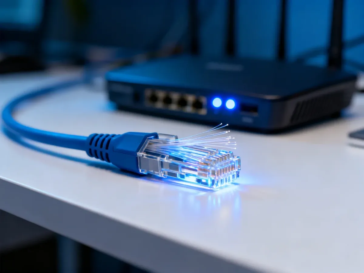 Światłowód z widocznymi włóknami szklanymi przesyłającymi dane oraz nowoczesny router w tle.