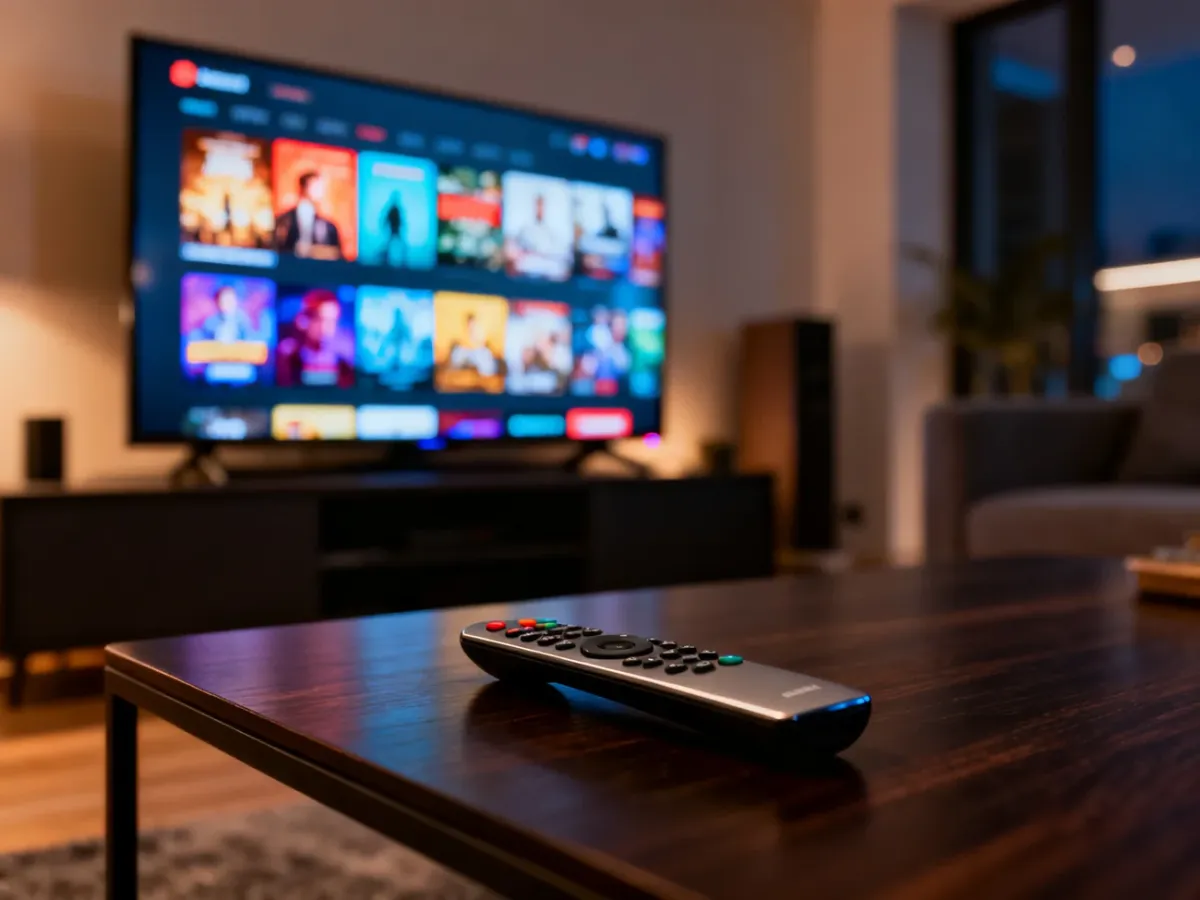 Nowoczesny telewizor z interfejsem platformy streamingowej oraz pilot na stoliku, tworzące przytulny klimat kina domowego.
