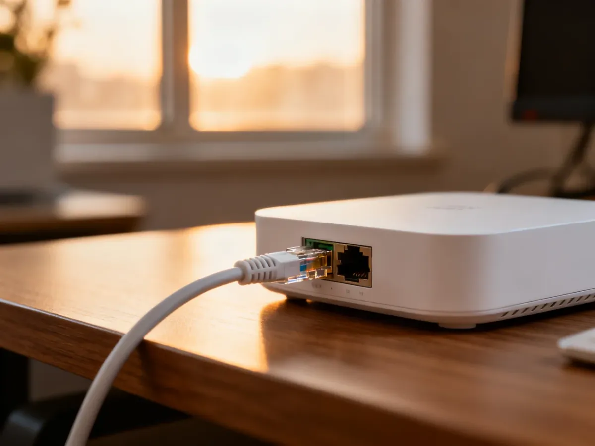 Kabel światłowodowy podłączony do nowoczesnego routera na drewnianym biurku, symbolizujący szybkie łącze internetowe.