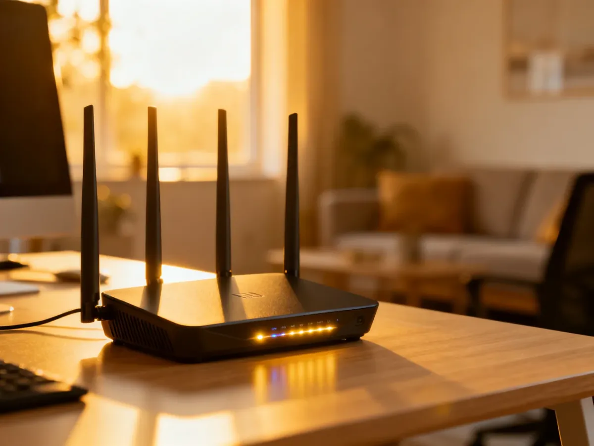 Nowoczesny router Wi-Fi na drewnianym biurku w jasnym domowym biurze, gotowy do obsługi szybkiego internetu.