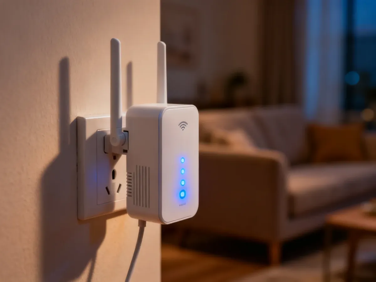 Nowoczesny wzmacniacz sygnału Wi-Fi wpięty do gniazdka z aktywnymi diodami wskazującymi silne połączenie sieciowe.