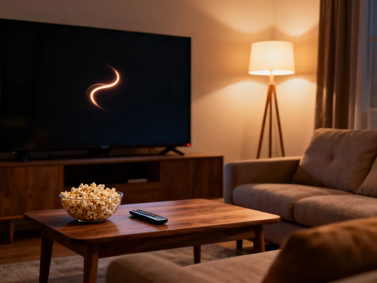 Przytulny salon z telewizorem i przekąskami, przygotowany do wieczornego seansu filmowego.