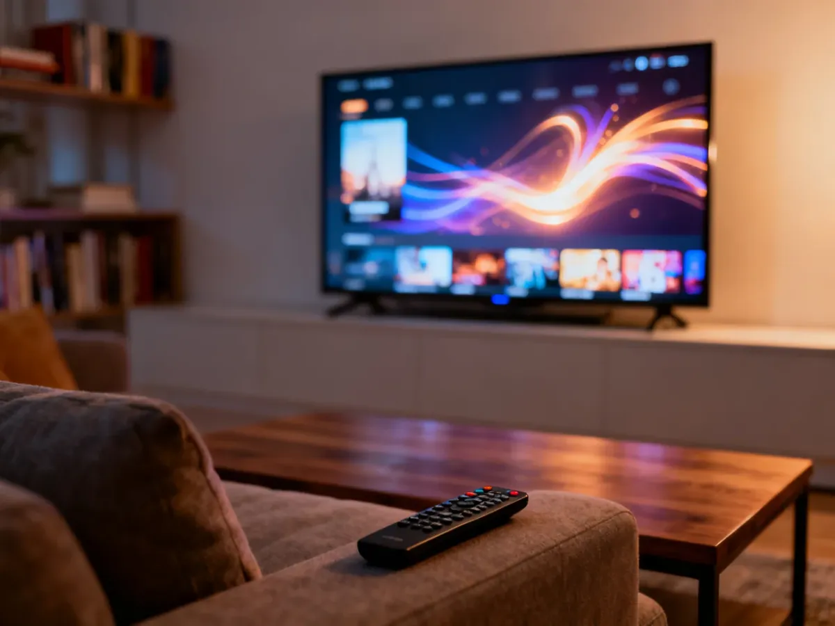 Nowoczesny salon z telewizorem wyświetlającym interfejs platformy VOD, zachęcający do relaksu przy filmach i serialach.