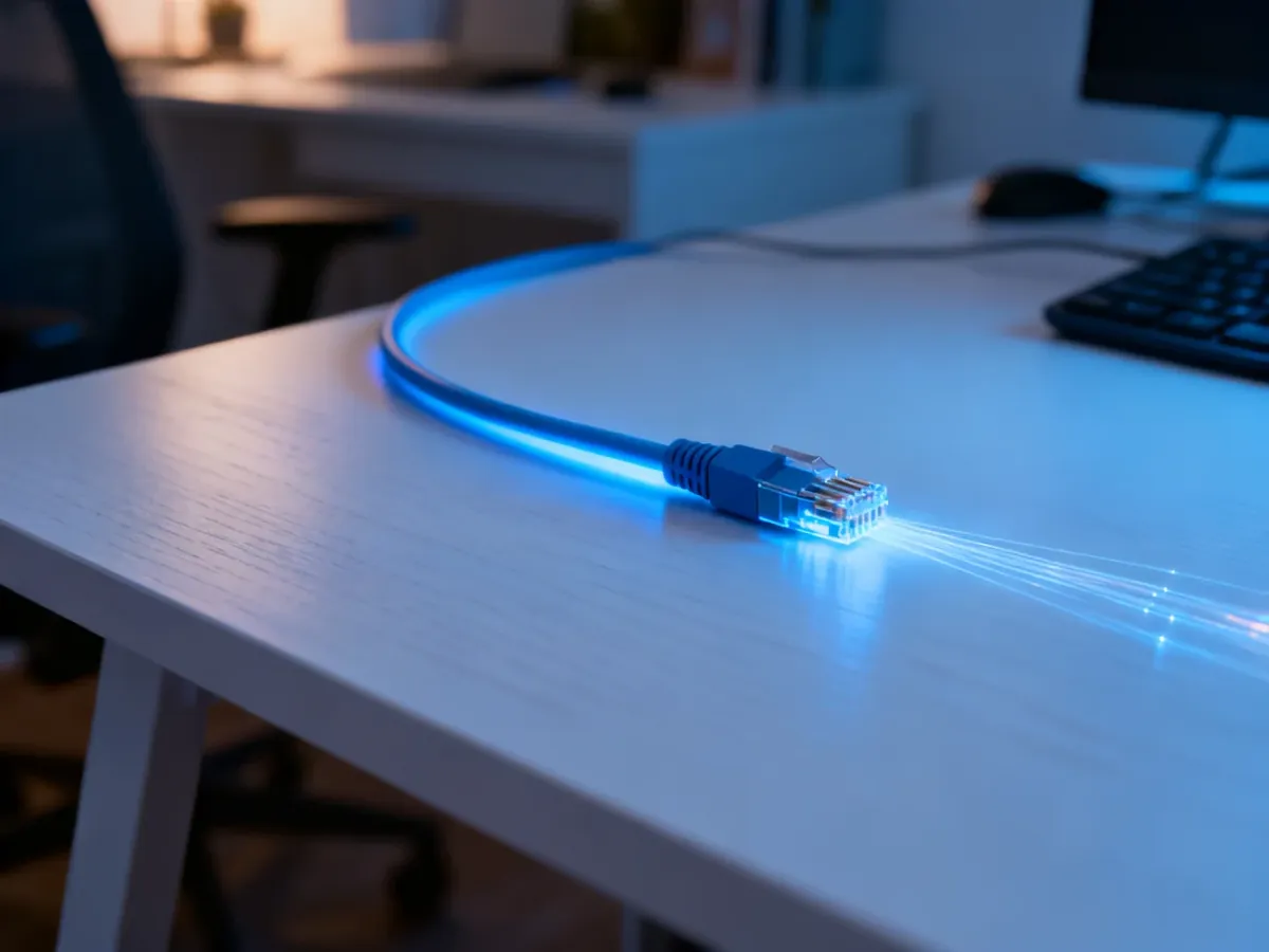 Światłowodowy kabel z niebieskim podświetleniem na biurku, symbolizujący szybki dostęp do internetu.