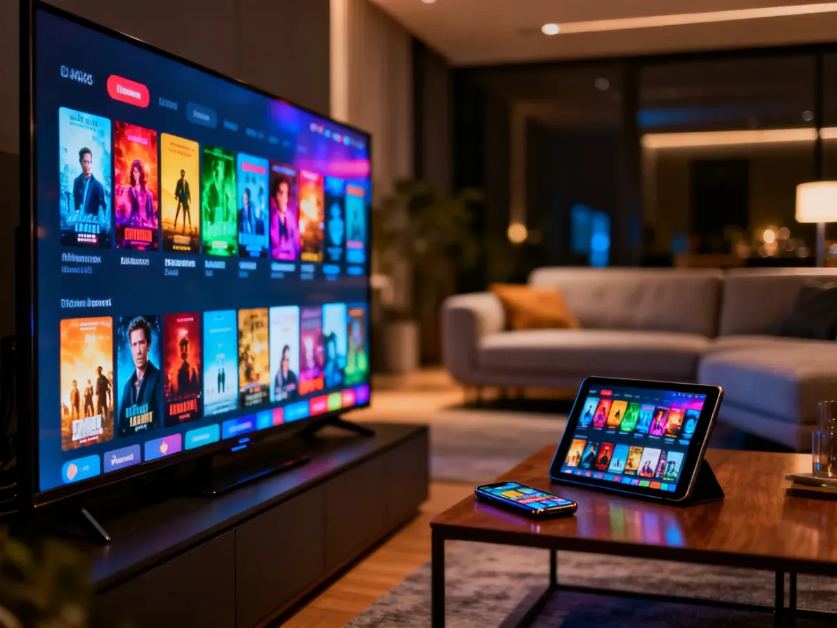 Nowoczesny salon z telewizorem, tabletem i smartfonem wyświetlającymi aplikację streamingową w domowym kinie.