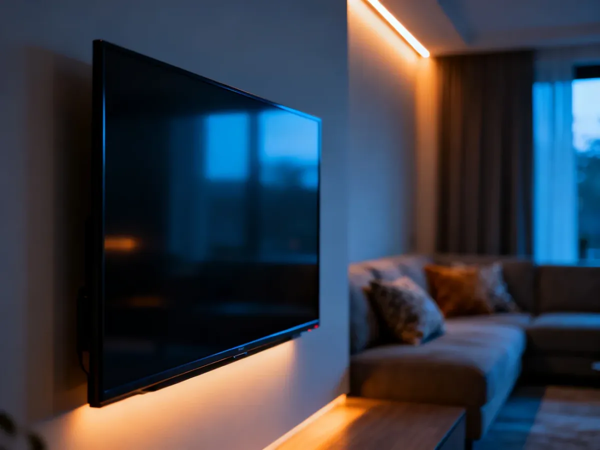 Nowoczesny salon z telewizorem, który stanowi centrum domowej rozrywki przy korzystaniu z usług IPTV.