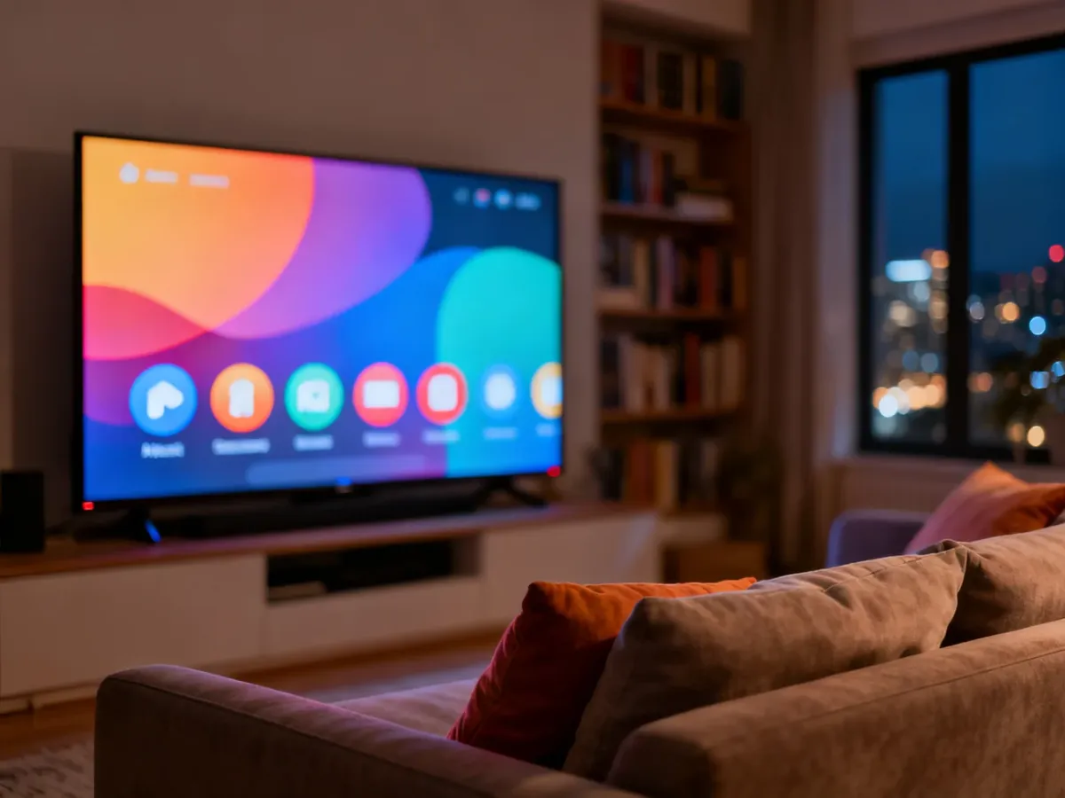 Nowoczesny salon z telewizorem wyświetlającym menu wyboru profilu użytkownika w przytulnej, wieczornej atmosferze.