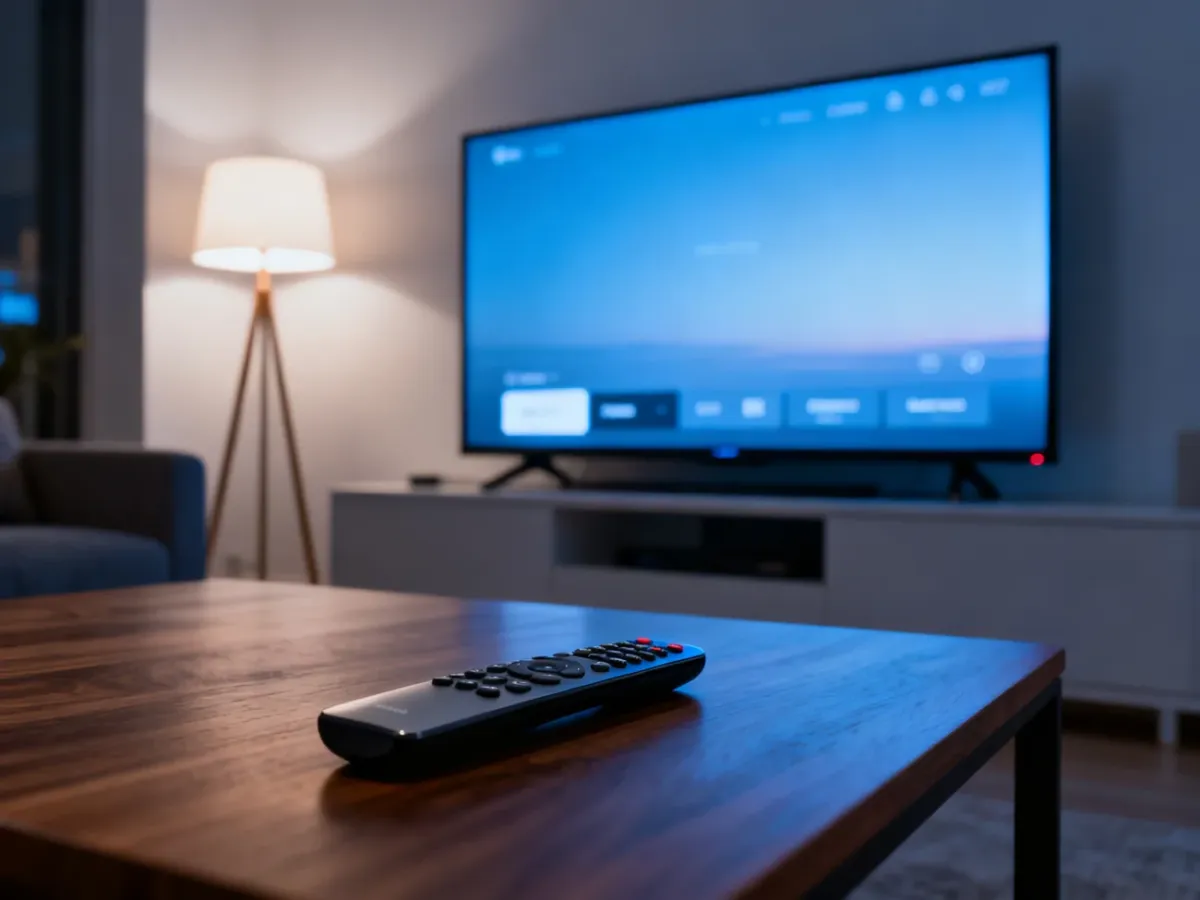 Nowoczesny salon z telewizorem wyświetlającym menu ustawień oraz pilotem leżącym na stoliku kawowym.