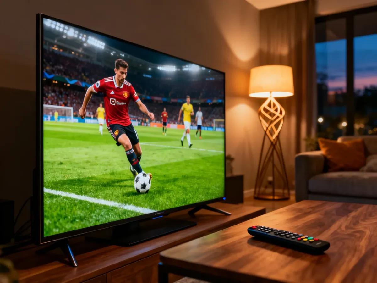 Nowoczesny salon z telewizorem wyświetlającym mecz piłkarski, podkreślający dostępność transmisji sportowych w streamingu.