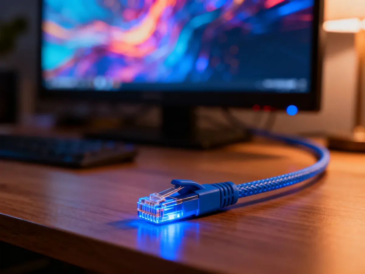 Złącze światłowodowe na drewnianym biurku na tle telewizora, symbolizujące szybkie łącze do streamingu w wysokiej jakości.