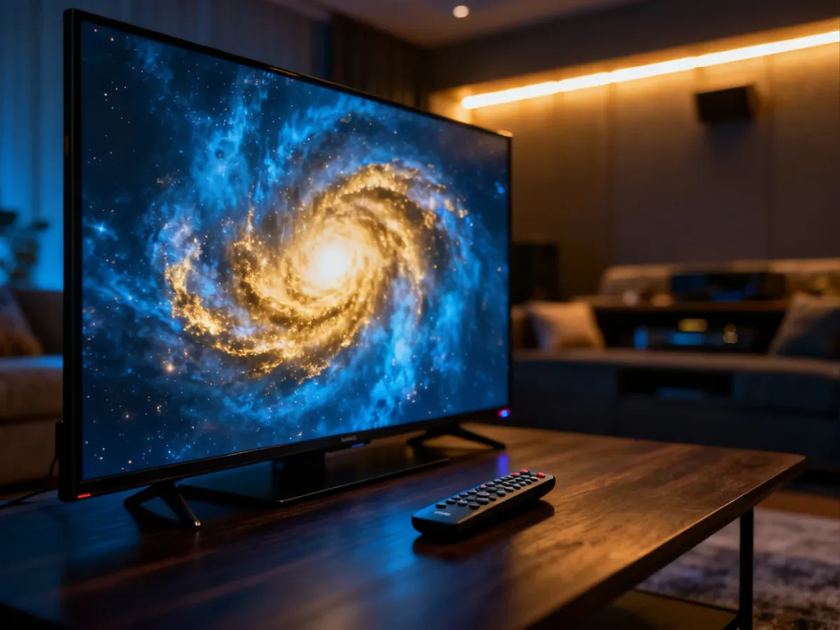 Nowoczesny salon z dużym telewizorem 4K, idealny do oglądania filmów i seriali w ramach subskrypcji HBO Max.