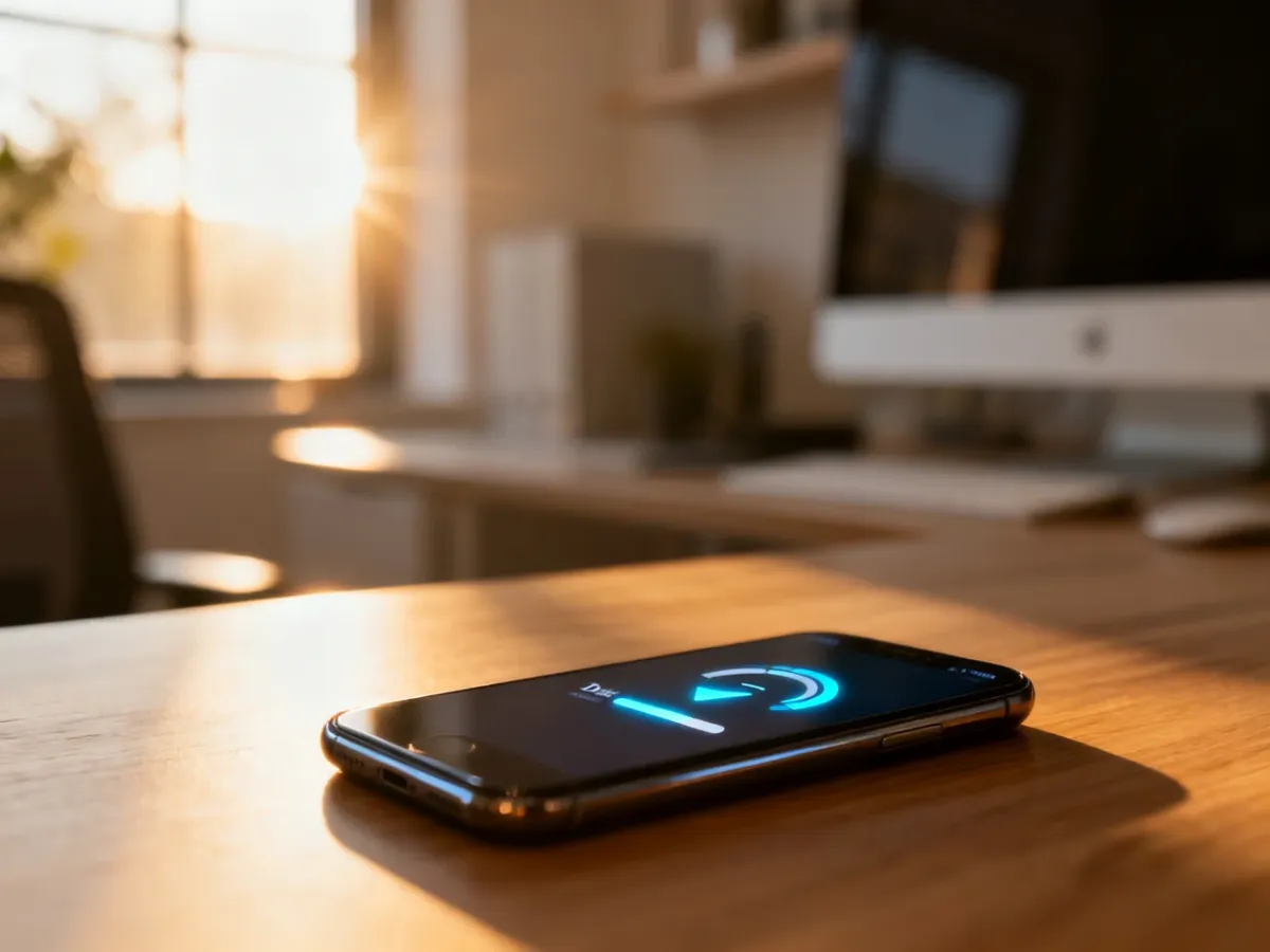 Smartfon leżący na biurku z ikoną paska zużycia danych na ekranie, ilustrujący limit transferu internetowego.
