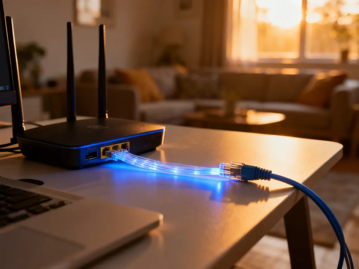 Nowoczesny router z kablem światłowodowym na biurku, symbolizujący szybkie i stabilne połączenie internetowe w domu.