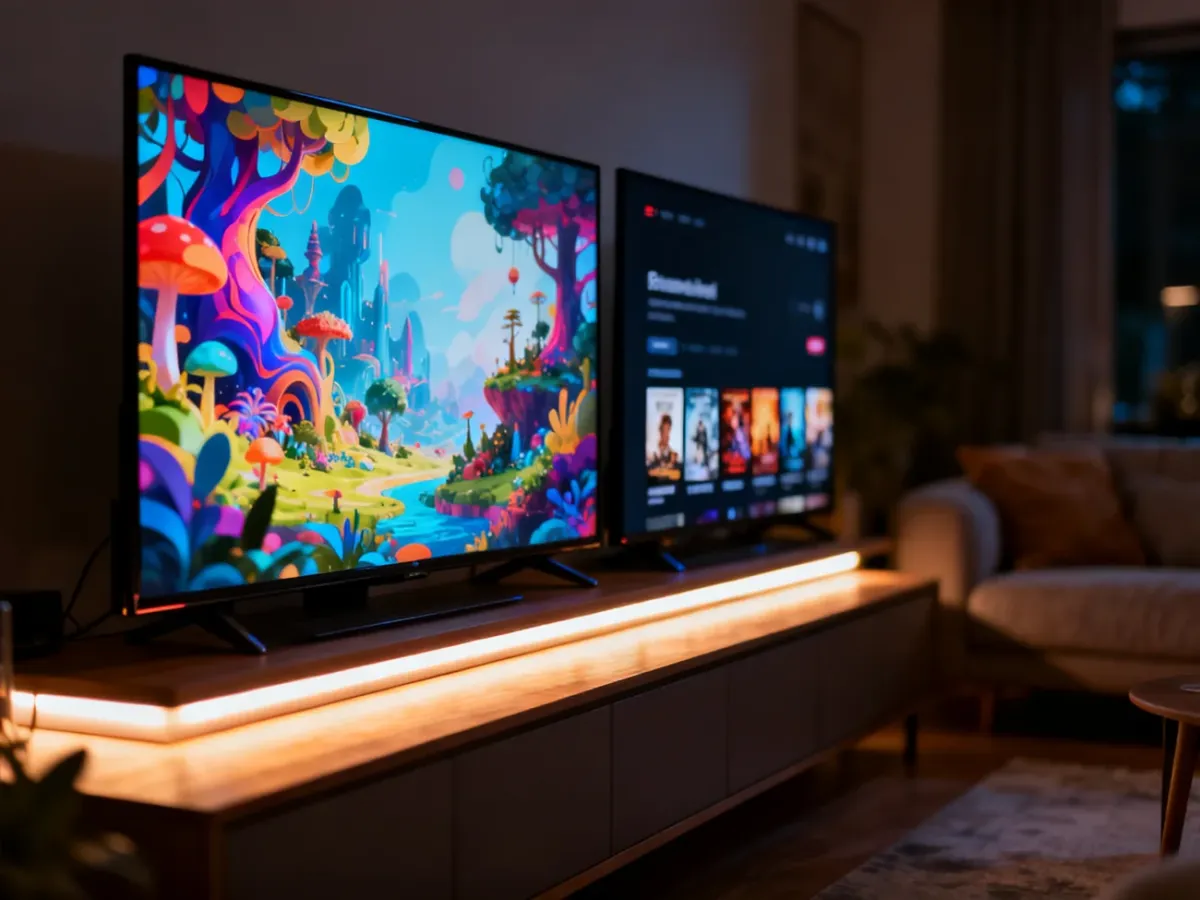 Dwa nowoczesne telewizory w przytulnym salonie, prezentujące różnorodne interfejsy platform streamingowych.