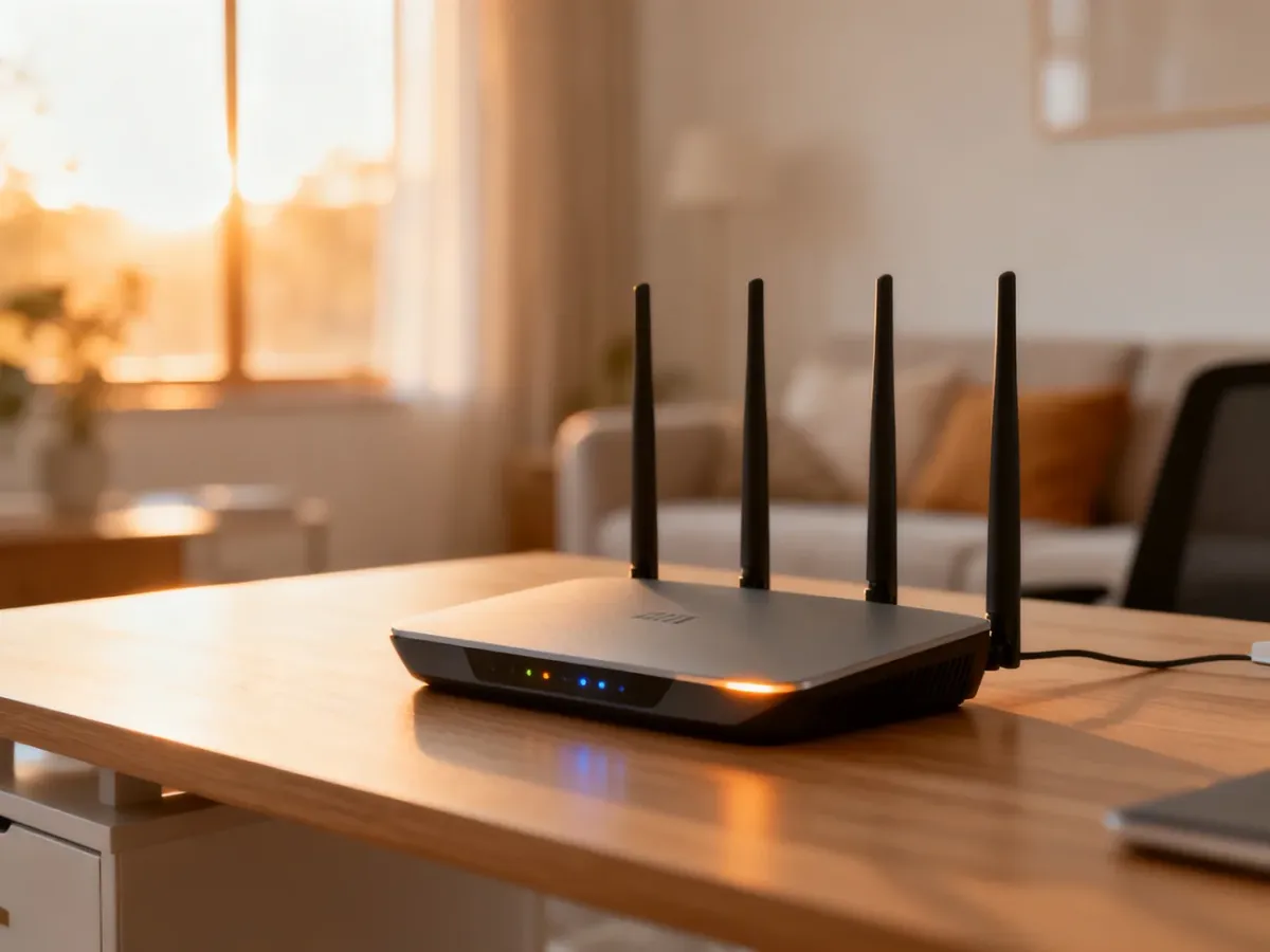 Nowoczesny router bezprzewodowy z widocznymi antenami ustawiony na drewnianym biurku w jasnym, minimalistycznym wnętrzu.