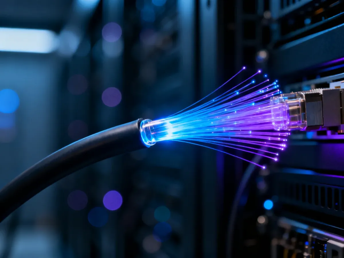 Świecący na niebiesko i fioletowo koniec światłowodu w zbliżeniu, symbolizujący nowoczesną technologię przesyłu danych.