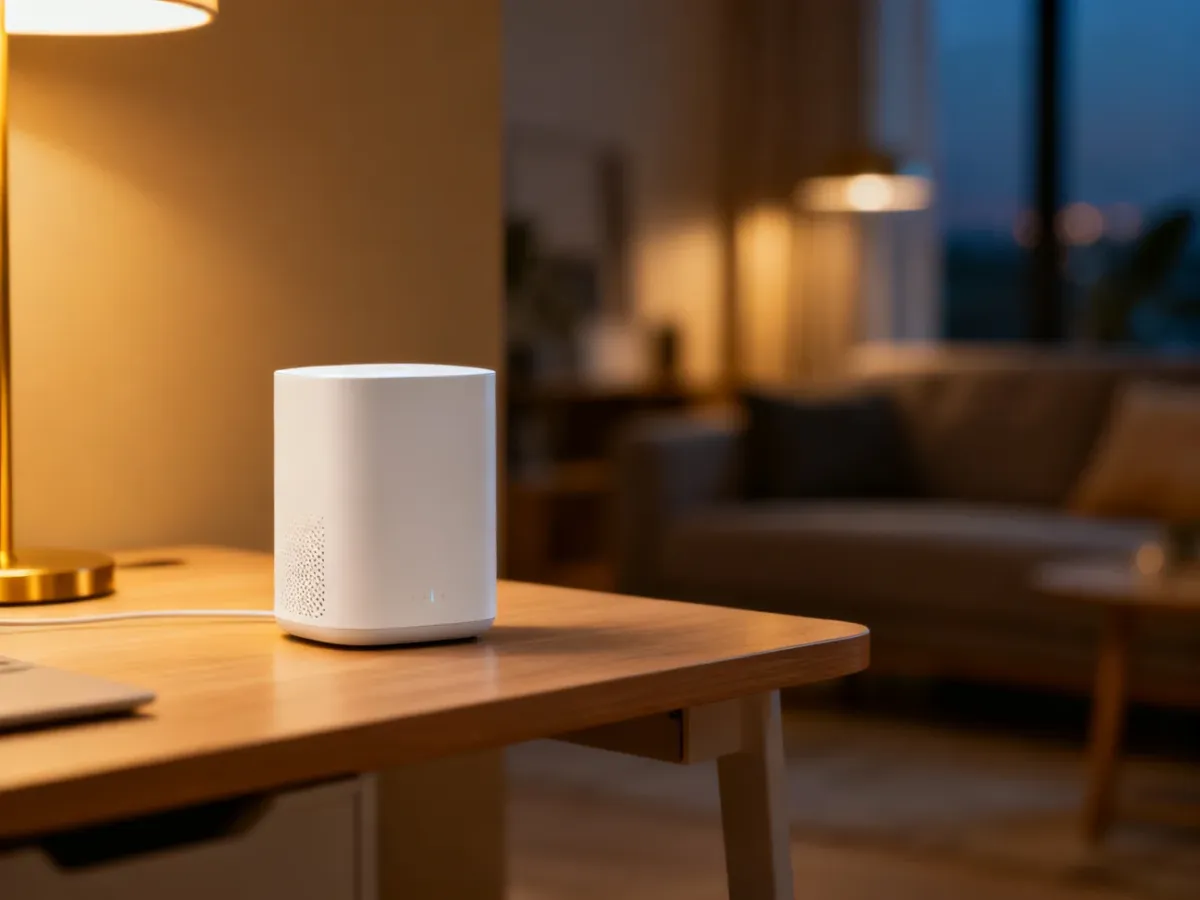Biały węzeł systemu mesh Wi-Fi na drewnianym biurku w nowoczesnym salonie.