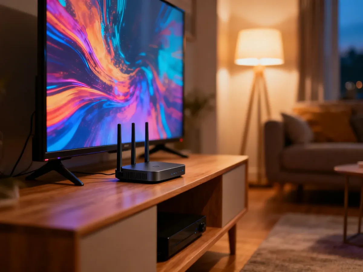 Nowoczesny telewizor i router bezprzewodowy na drewnianej szafce w przytulnym salonie, symbolizujące domowe centrum multimediów.