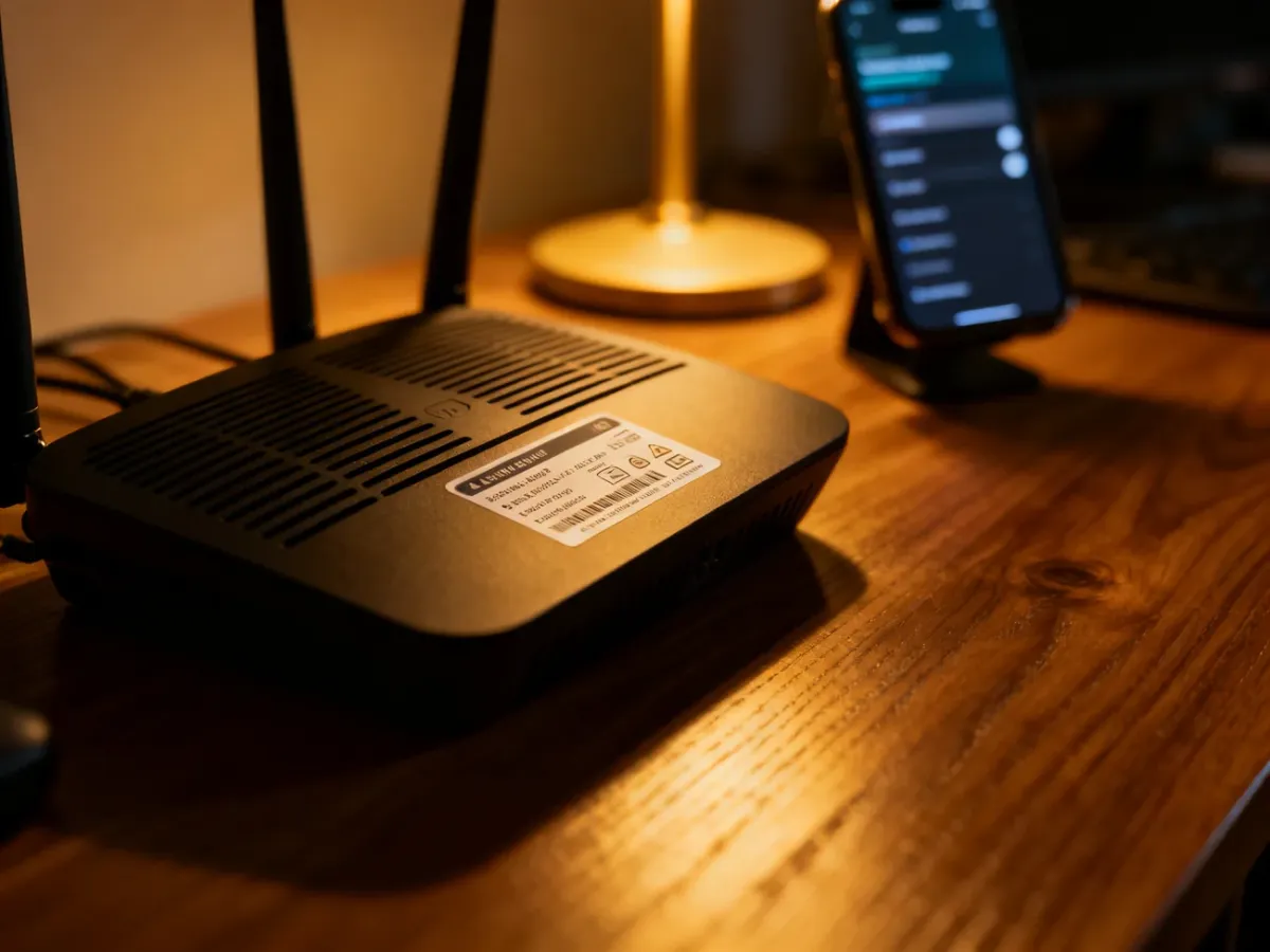 Nowoczesny router z widoczną naklejką z danymi sieciowymi na drewnianym biurku w domowym biurze.