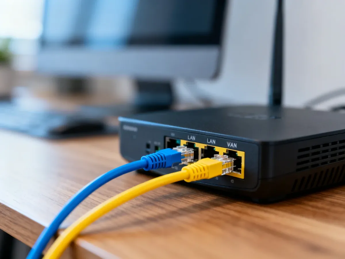 Nowoczesny router z podłączonymi kablami sieciowymi LAN i WAN na drewnianym biurku.