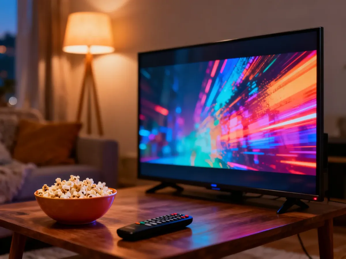 Przytulny salon z włączonym telewizorem, miską popcornu i pilotem, zachęcający do domowego seansu filmowego.